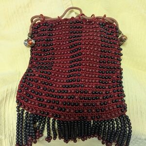 #7 vintage small, red and black beaded drawstring bag